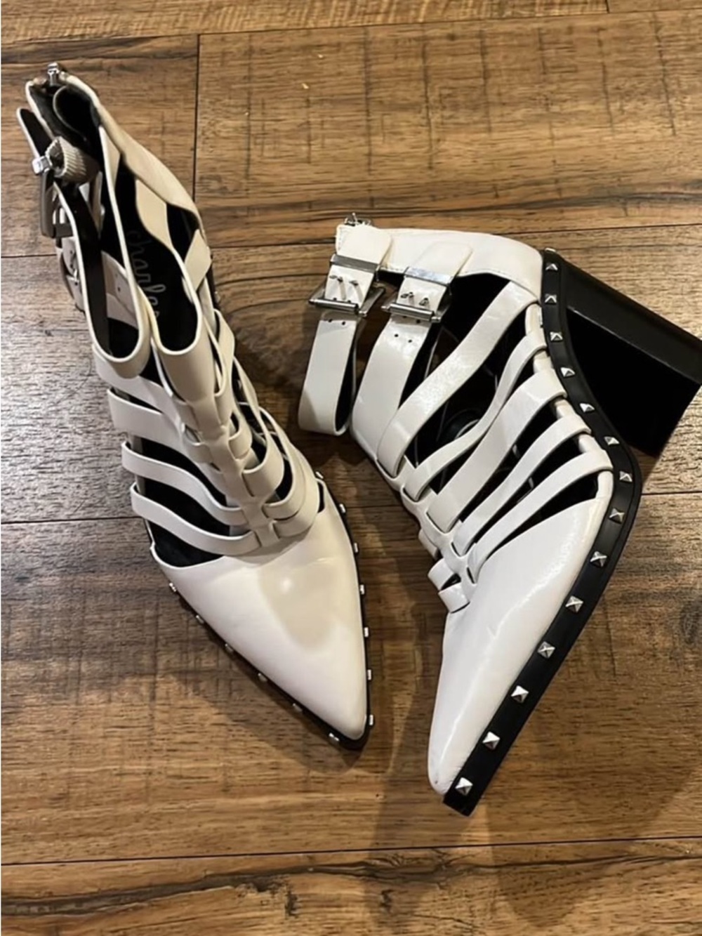 Strappy Pointed-Toe Studded Heeled Sandals in White